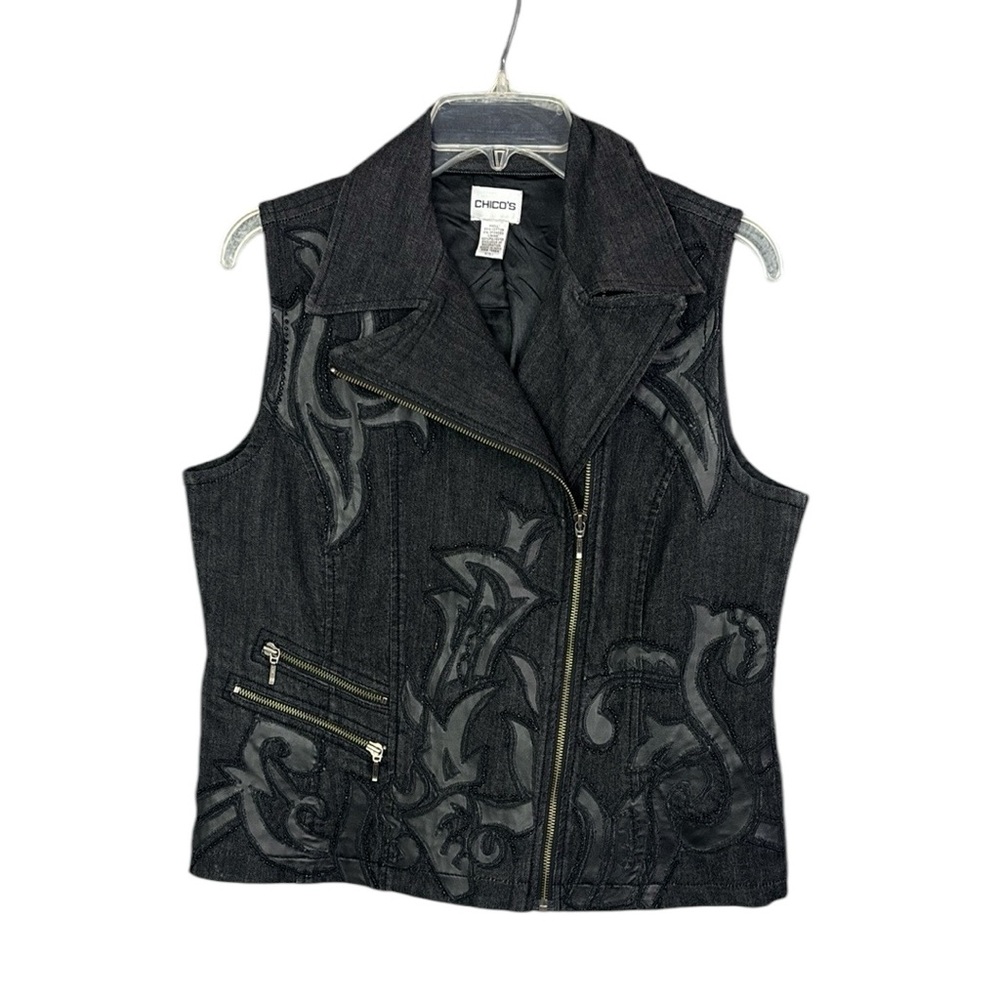 Chico's Black Sleeveless Demin Jacket Beading and Vegan Leather Detail Sz 1 Med